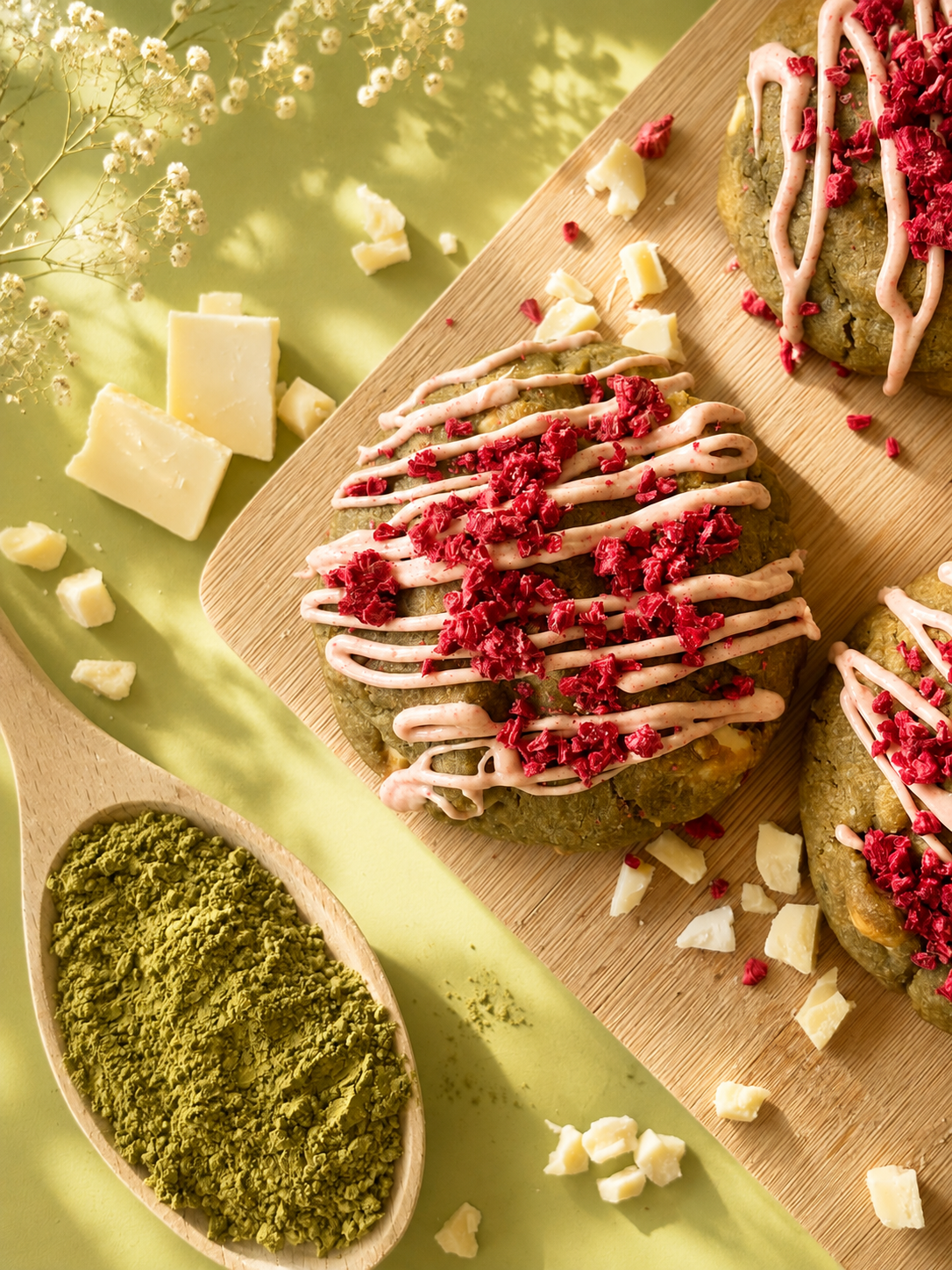Matcha- och jordgubbscookies på en träbricka med matchapulver, vit choklad och frystorkade hallon