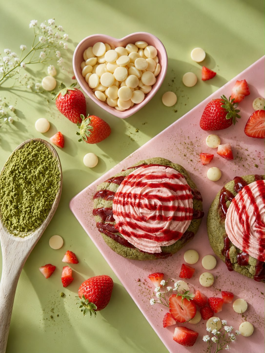 Matcha- och jordgubbscookies på ett rosa fat med matchapulver, vit choklad och färska jordgubbar